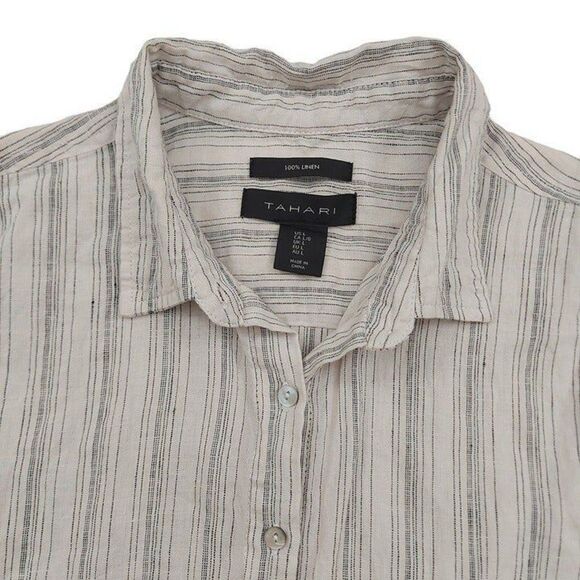 Tahari Linen Top Womens Large Sand Striped Shell Button Linen Minimalist Beach - Picture 5 of 10